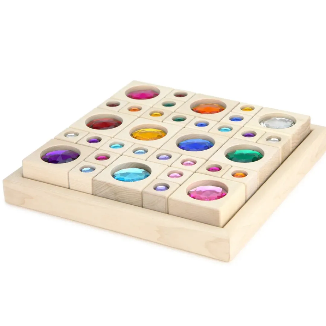 Everwood Friends Wooden Toys|4 Years < Bright Gem Blocks with Tray - 34 pc Set