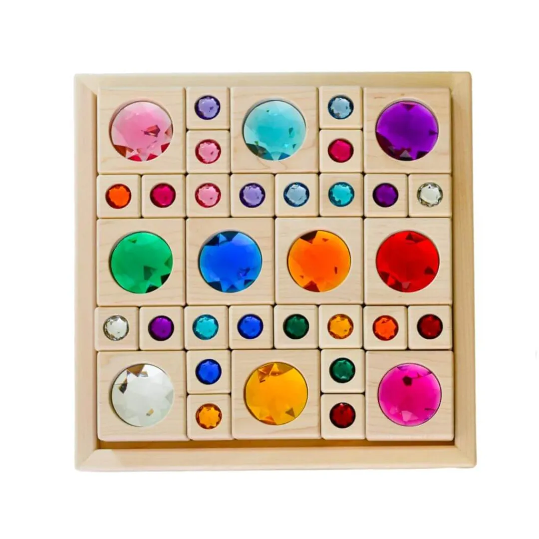 Everwood Friends Wooden Toys|4 Years < Bright Gem Blocks with Tray - 34 pc Set