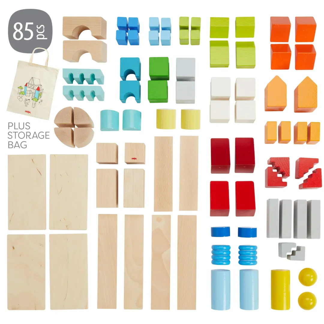 HABA Wooden Toys|4 Years < Colored Wooden Building Blocks - 85 Piece Set