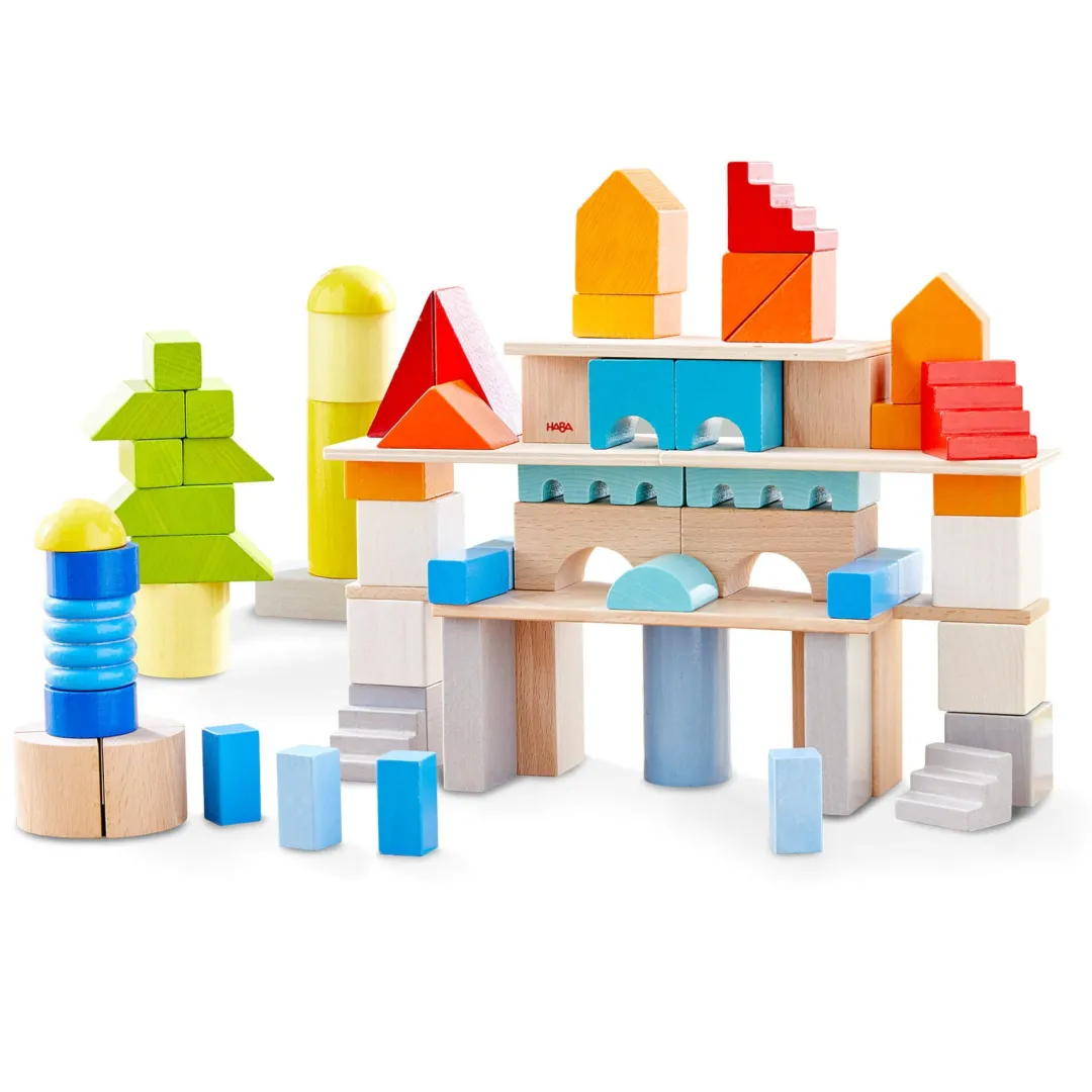 HABA Wooden Toys|4 Years < Colored Wooden Building Blocks - 85 Piece Set