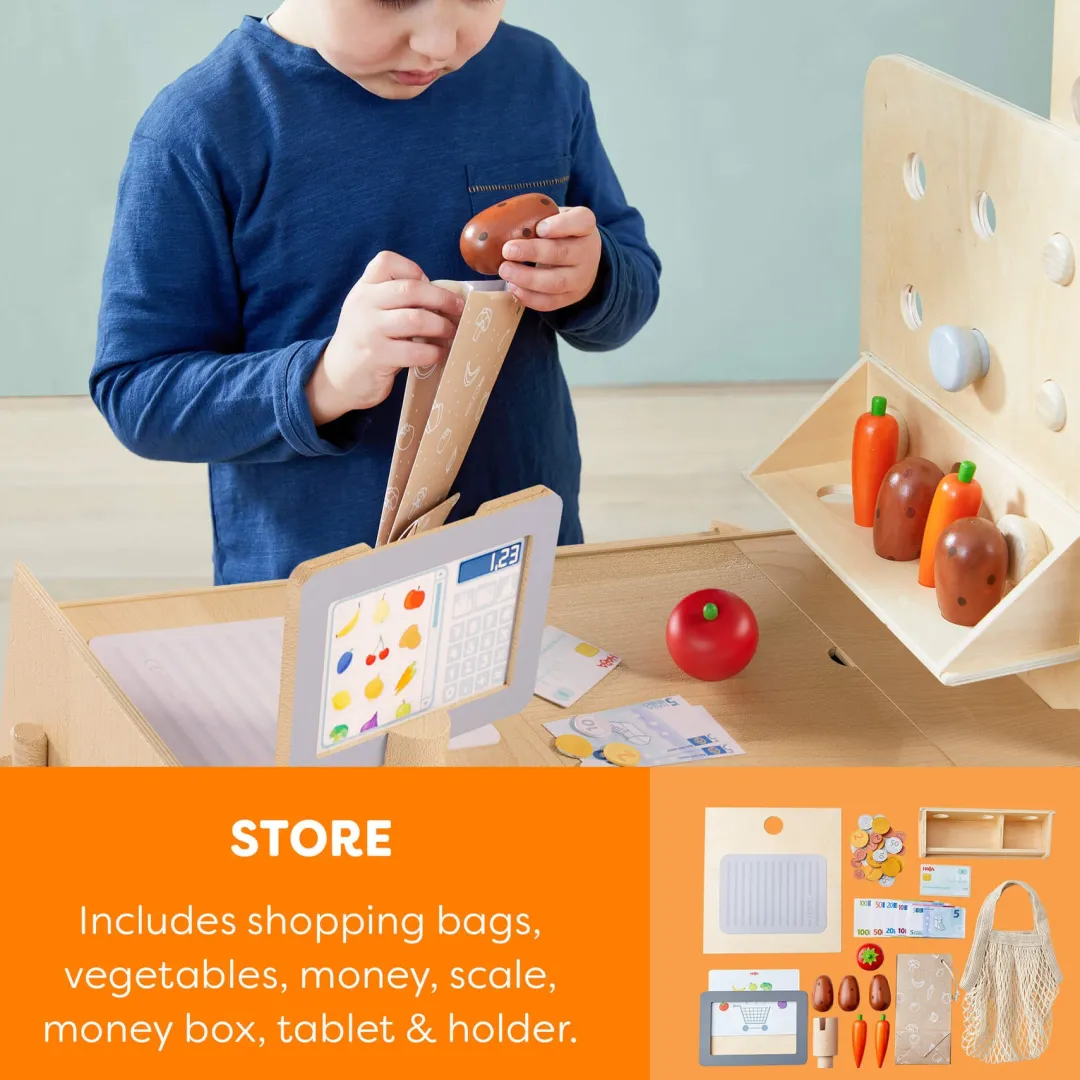 HABA Wooden Toys|4 Years < Creative Play 3 in 1 – Play Kitchen, Store & Workshop