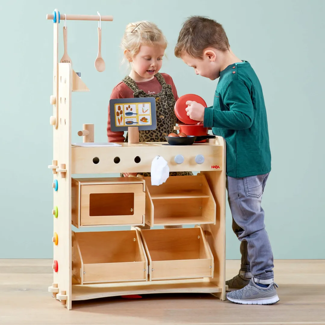HABA Wooden Toys|4 Years < Creative Play 3 in 1 – Play Kitchen, Store & Workshop