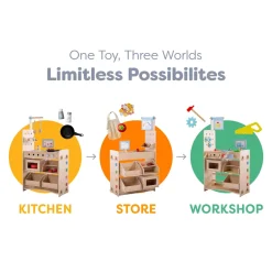 HABA Wooden Toys|4 Years < Creative Play 3 in 1 – Play Kitchen, Store & Workshop