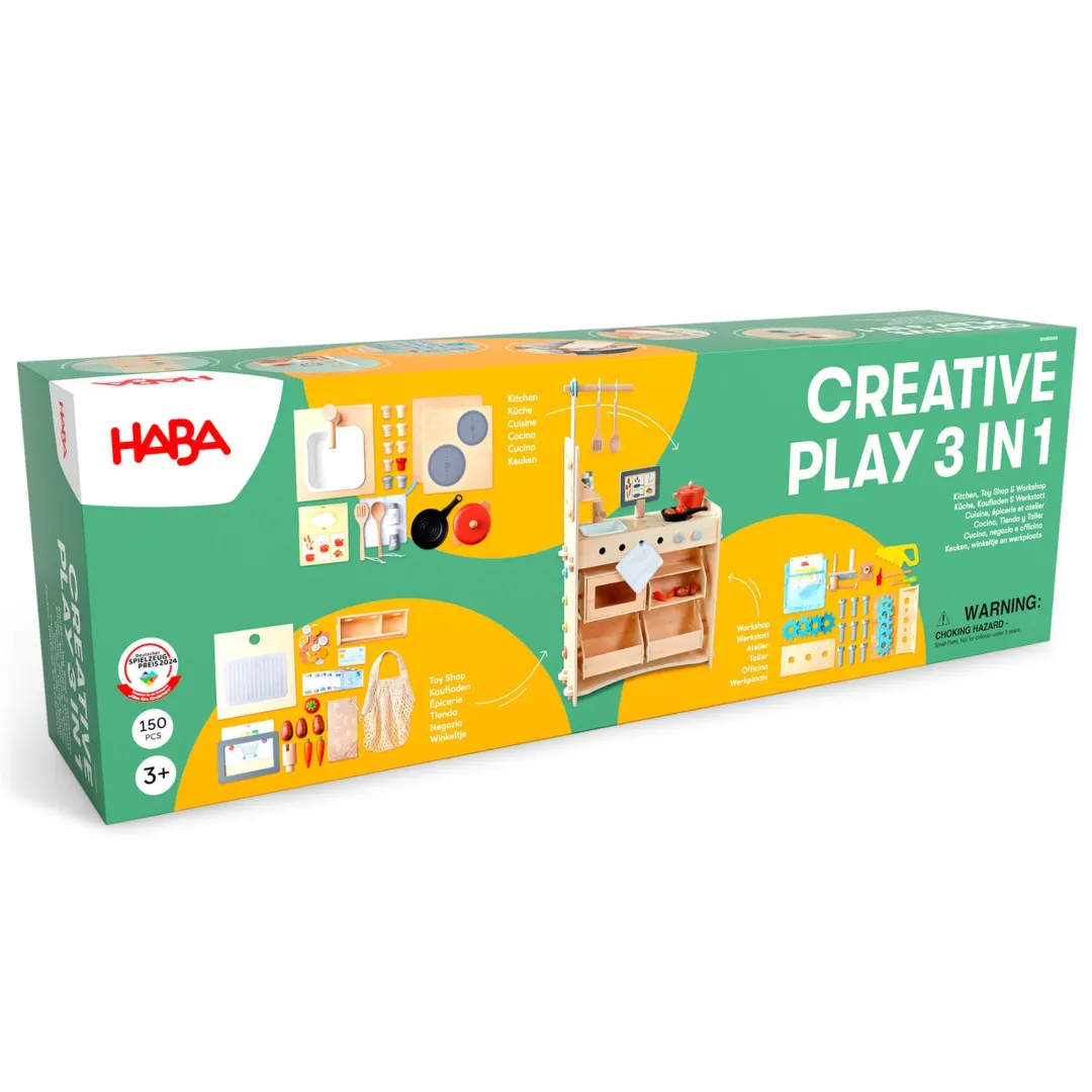 HABA Wooden Toys|4 Years < Creative Play 3 in 1 – Play Kitchen, Store & Workshop