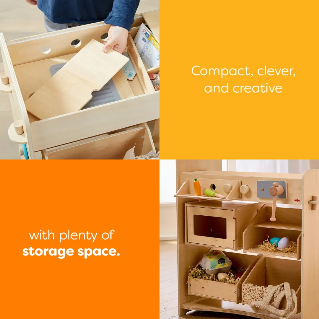 HABA Wooden Toys|4 Years < Creative Play 3 in 1 – Play Kitchen, Store & Workshop