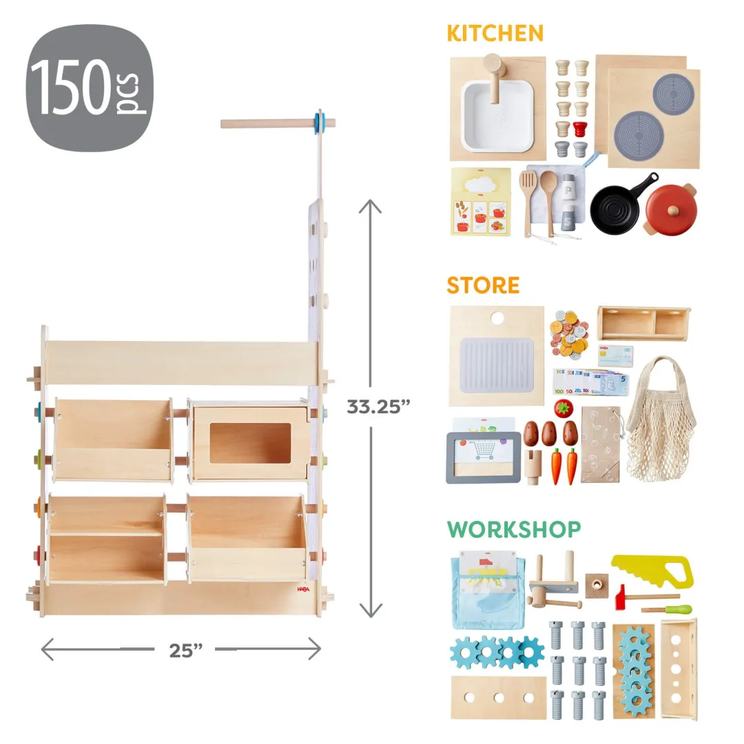 HABA Wooden Toys|4 Years < Creative Play 3 in 1 – Play Kitchen, Store & Workshop