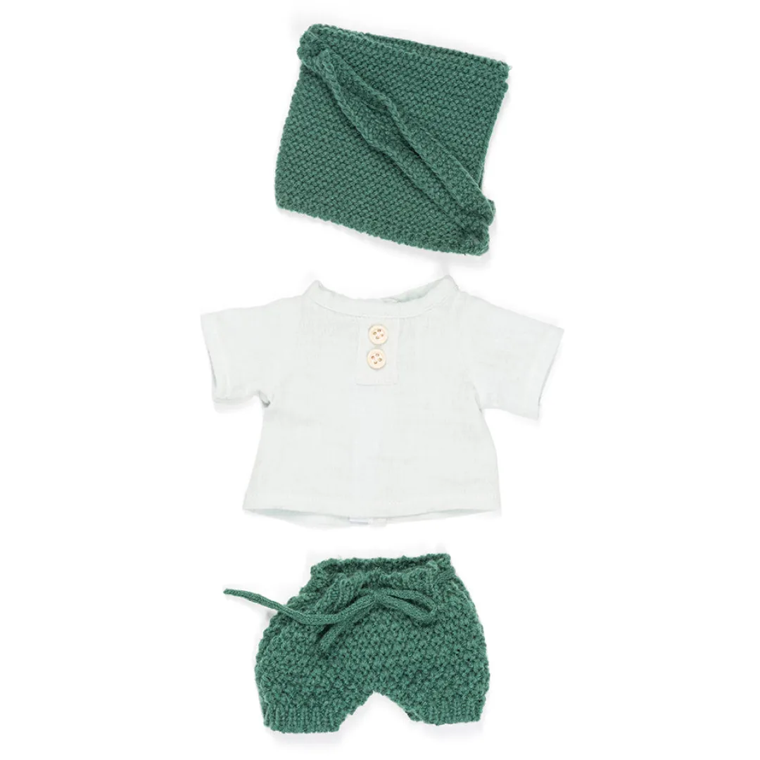 Miniland Dolls|4 Years < Knit Doll Outfit - 12" Forest Set & Bonnet