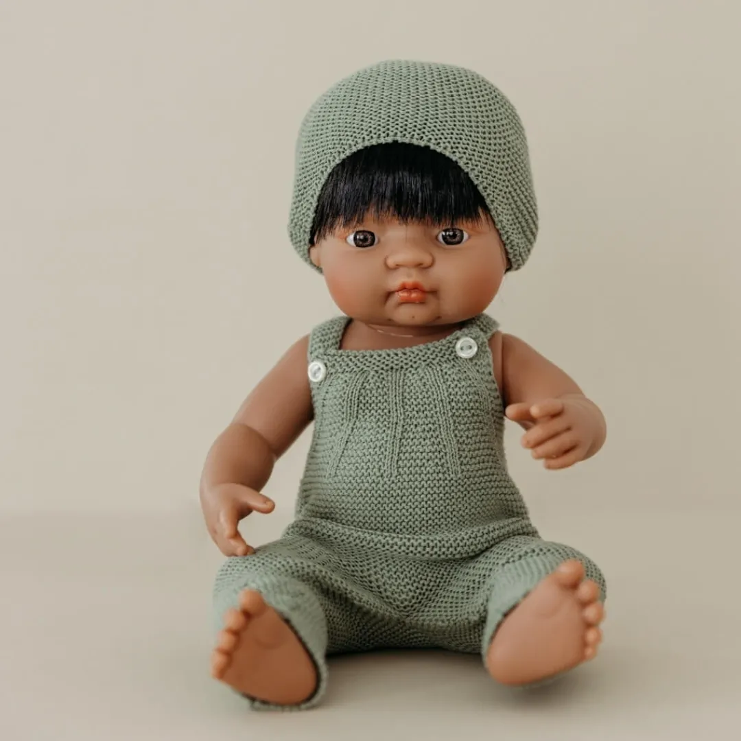 Miniland Dolls|4 Years < Knit Doll Overall & Beanie Hat Set - 15"