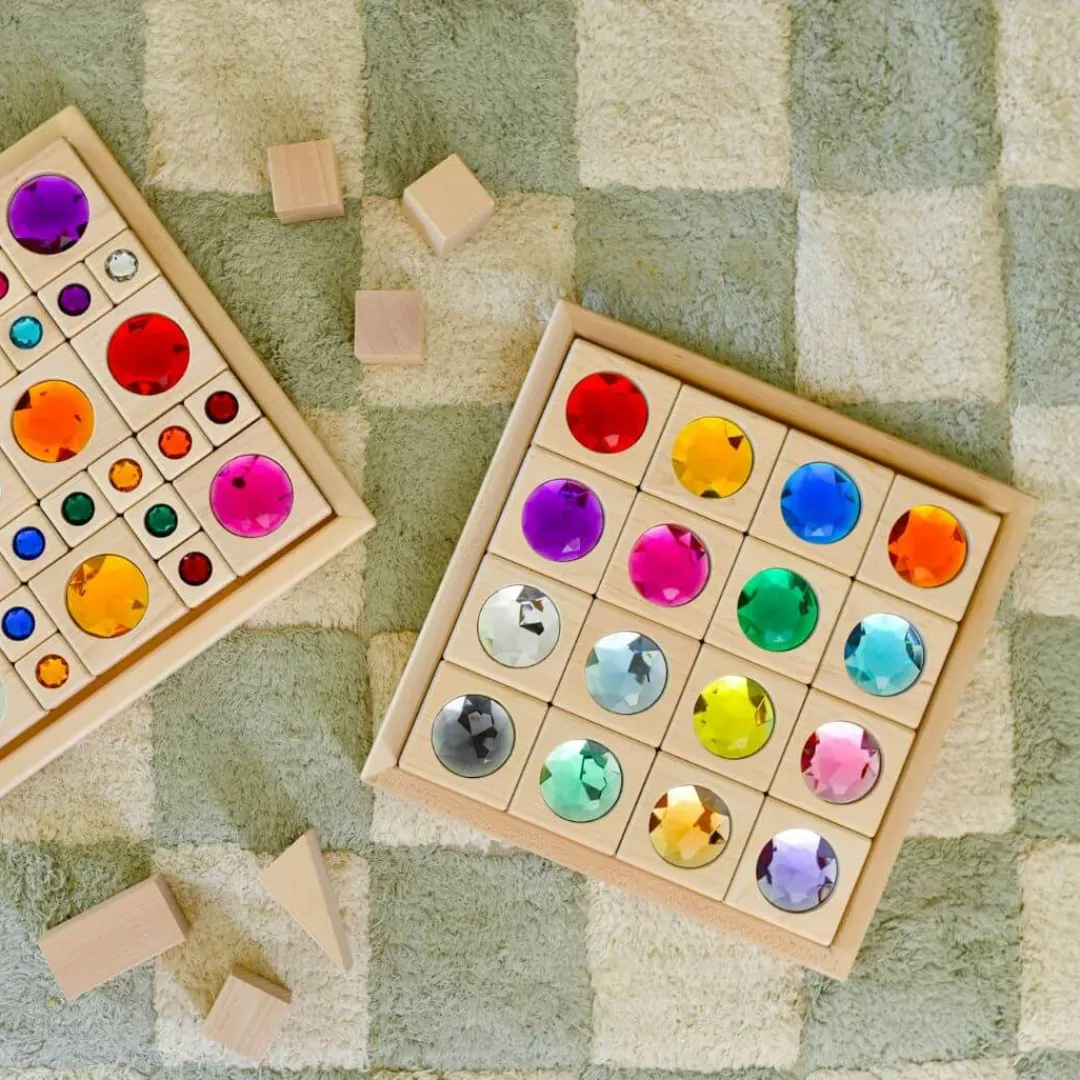Everwood Friends Wooden Toys|4 Years < Large Gem Block Collection with Tray - 16 Piece Set