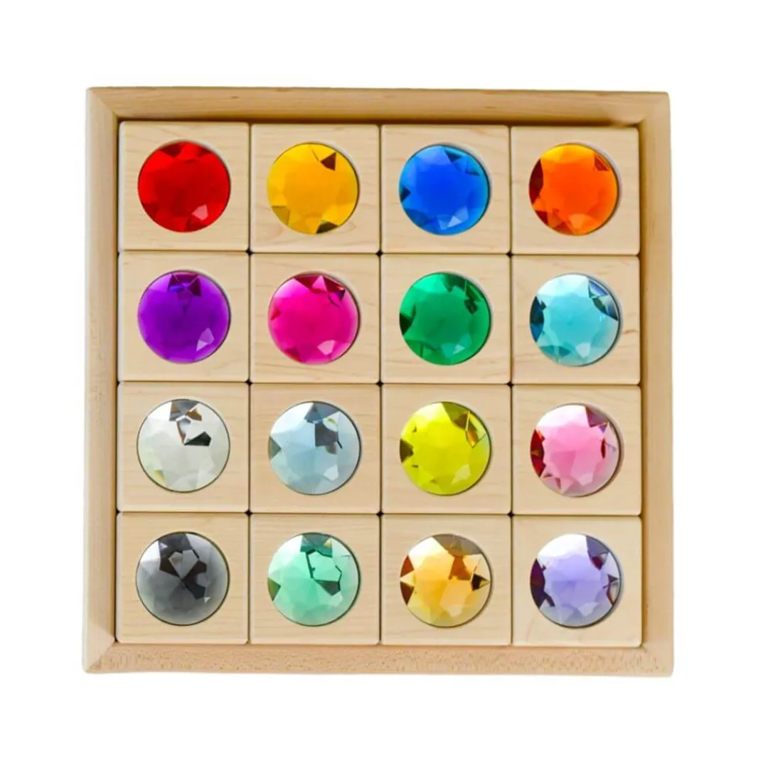 Everwood Friends Wooden Toys|4 Years < Large Gem Block Collection with Tray - 16 Piece Set