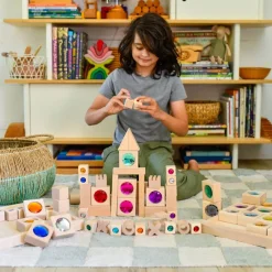 Everwood Friends Wooden Toys|4 Years < Large Gem Block Collection with Tray - 16 Piece Set
