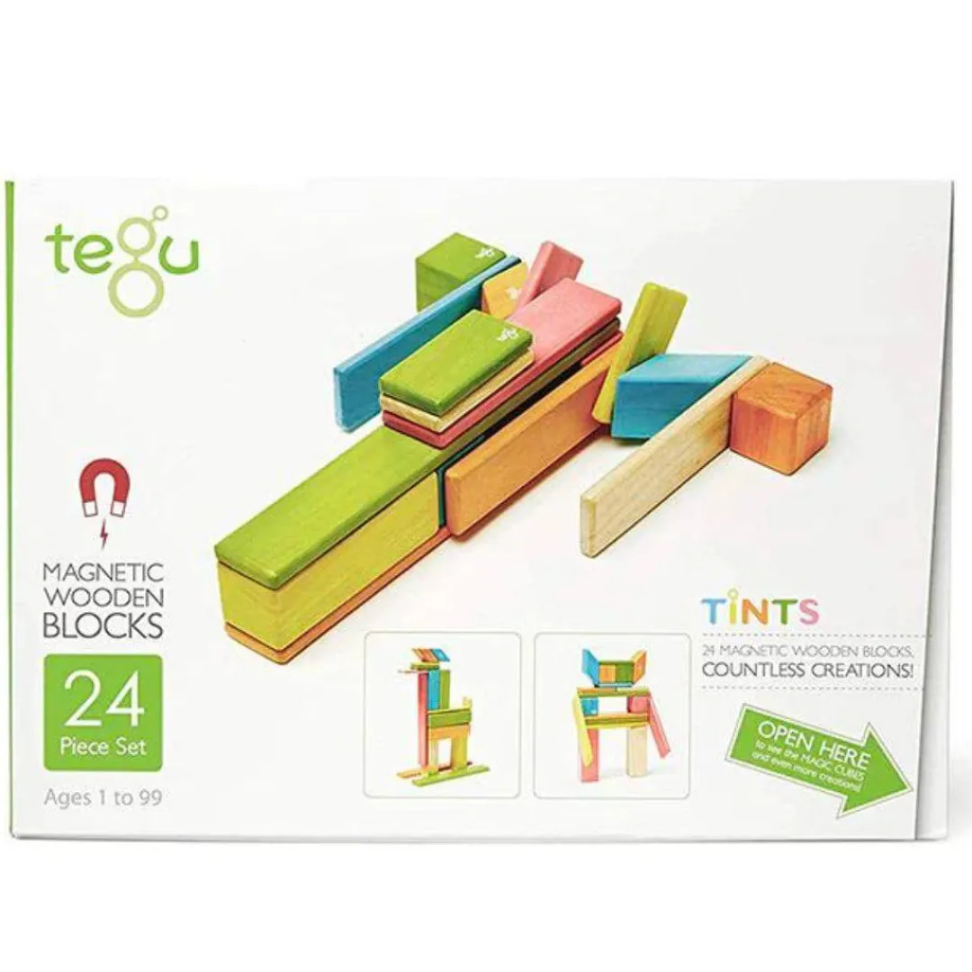 Tegu 12-24 Months|Wooden Toys < Magnetic Wooden Blocks - 24 Piece Set Tints