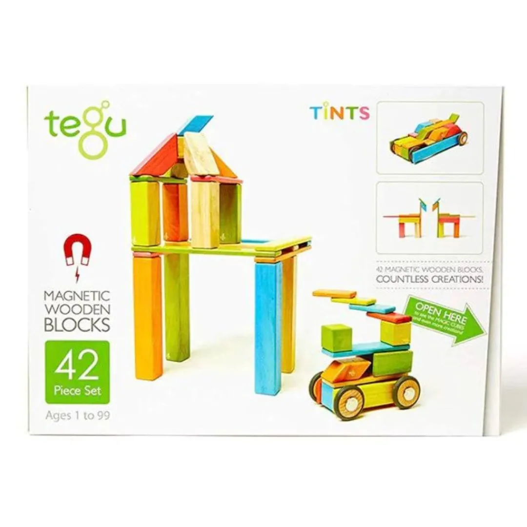 Tegu 12-24 Months|Wooden Toys < Magnetic Wooden Blocks - 42 Piece Set Tints