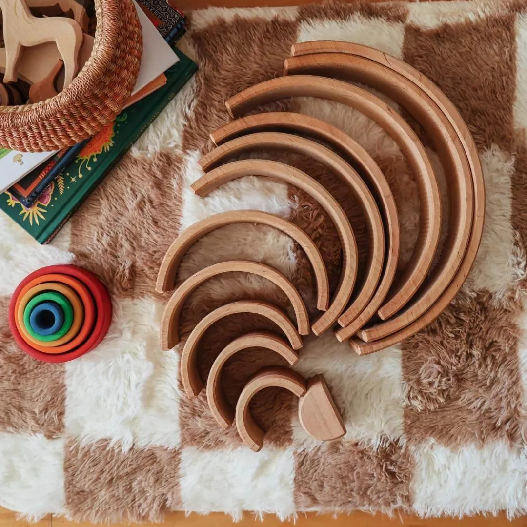 Grimm's Spiel u0026 Holz 12-24 Months|Marble & Ball Runs < Natural Wooden Rainbow Tunnel - 12 Piece