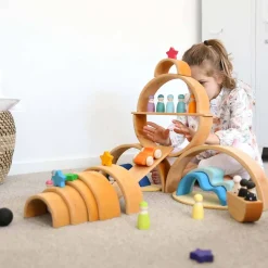 Grimm's Spiel u0026 Holz 12-24 Months|Marble & Ball Runs < Natural Wooden Rainbow Tunnel - 12 Piece