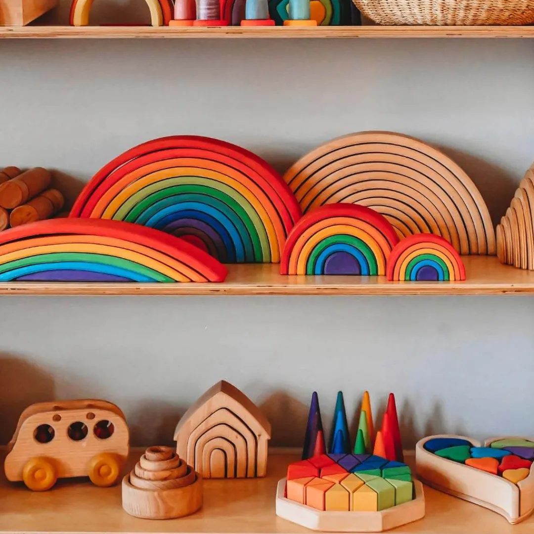 Grimm's Spiel u0026 Holz 12-24 Months|Marble & Ball Runs < 12-Piece Wooden Rainbow Stacking Tunnel