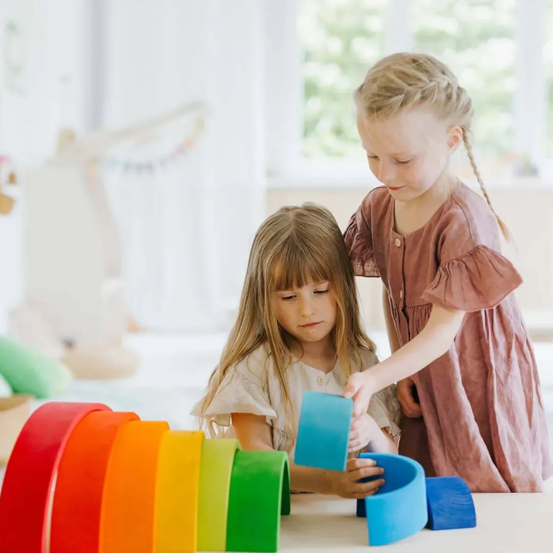 Grimm's Spiel u0026 Holz 12-24 Months|Marble & Ball Runs < 12-Piece Wooden Rainbow Stacking Tunnel