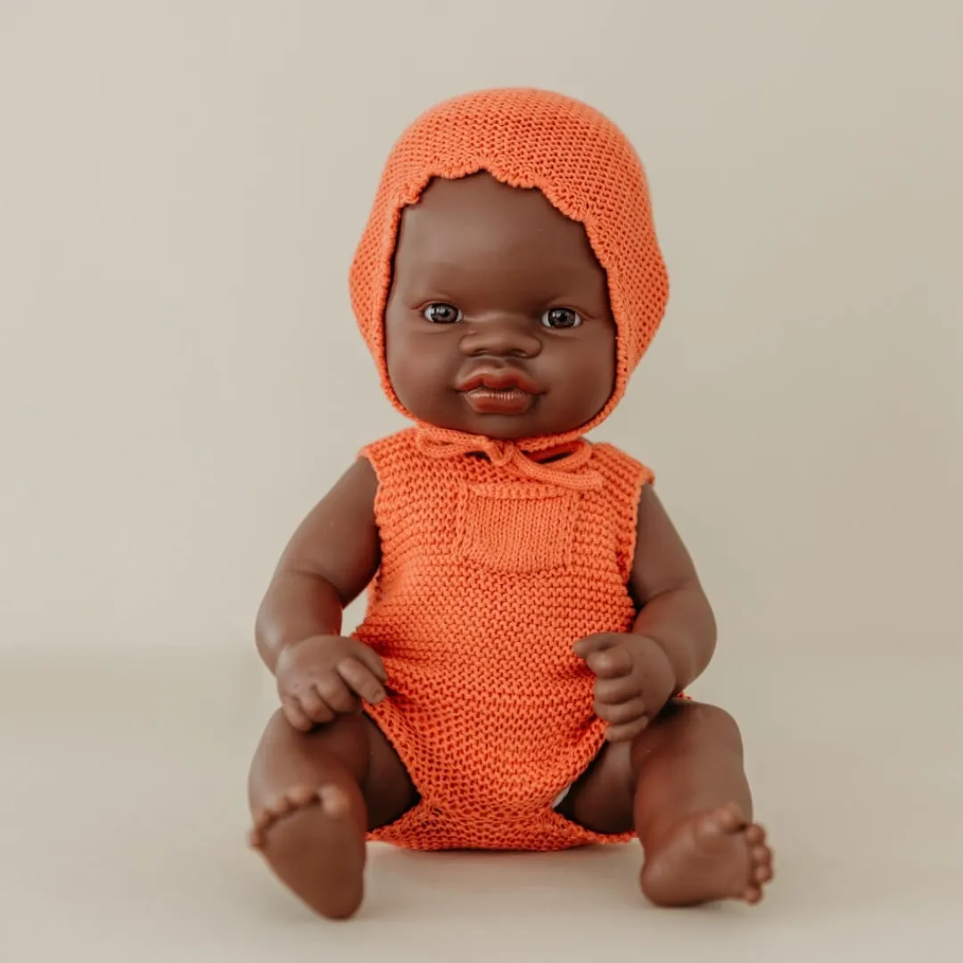 Miniland Dolls|4 Years < Red Knit Doll Romper and Bonnet Set - 12"