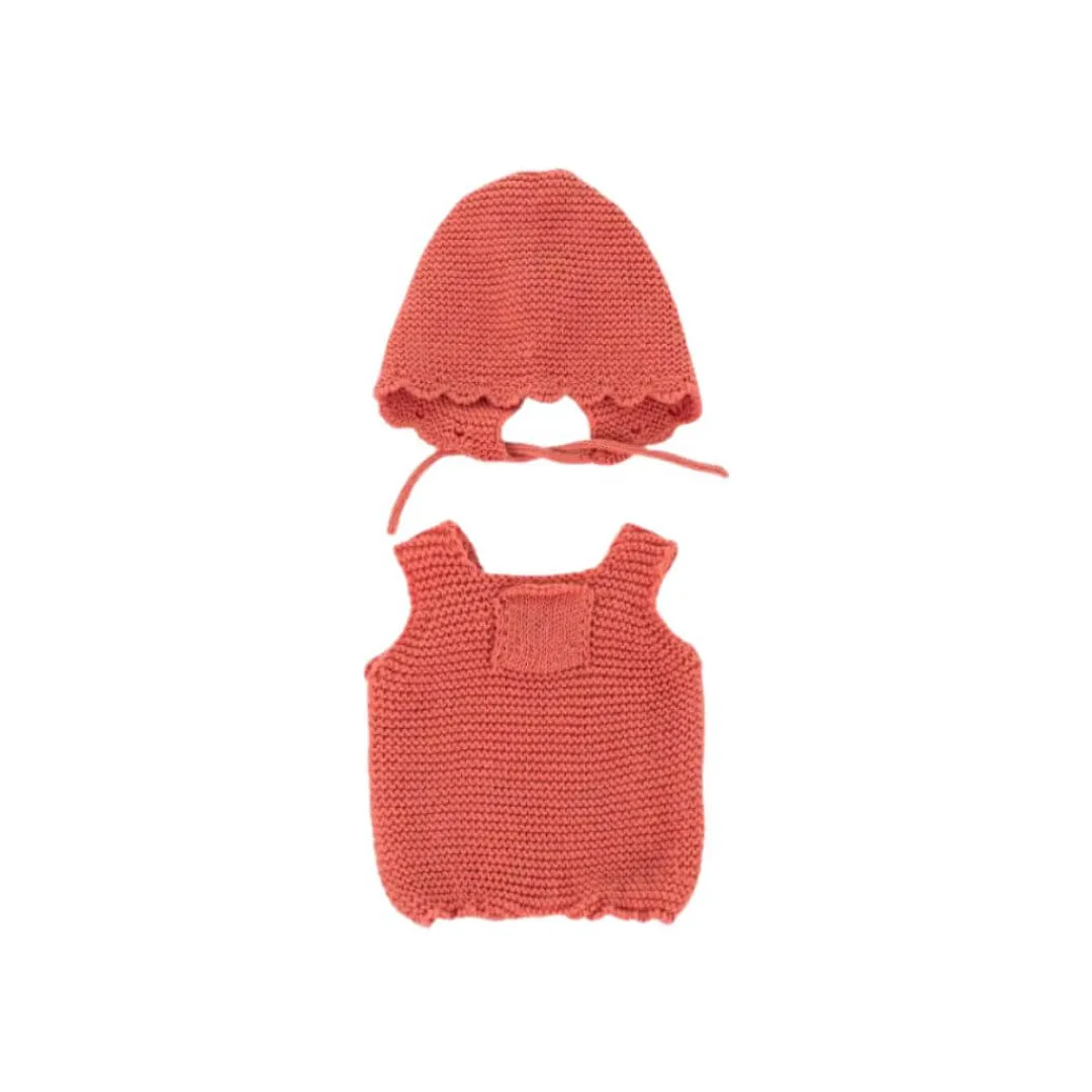 Miniland Dolls|4 Years < Red Knit Doll Romper and Bonnet Set - 12"