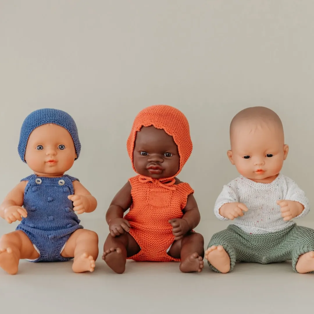 Miniland Dolls|4 Years < Red Knit Doll Romper and Bonnet Set - 12"