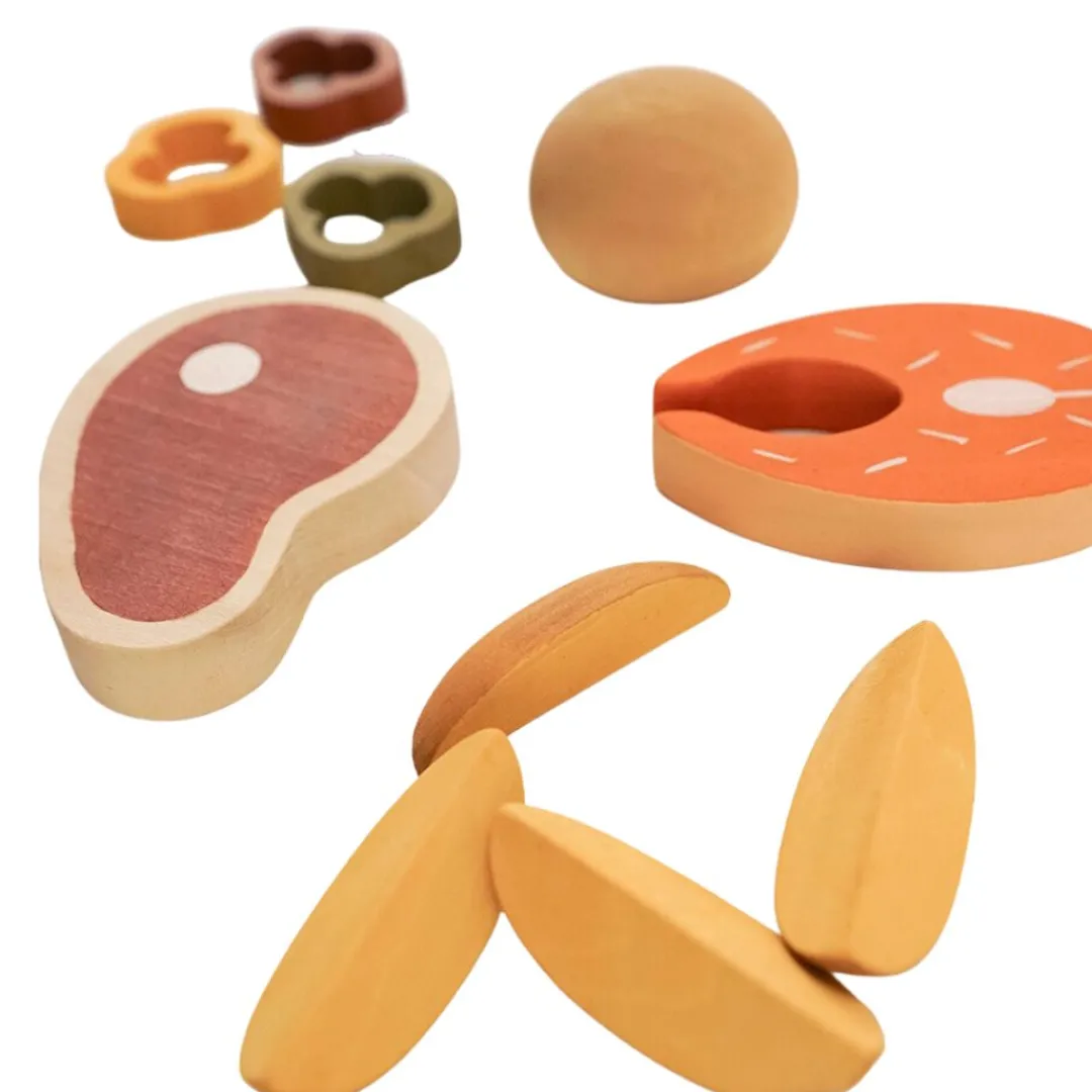 Sabo Wooden Toys|4 Years < Wooden Dinner Play Food Set